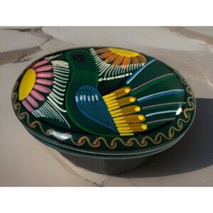 Vibrant Mexican Folk Red Clay Trinket Box Hand Painted Boho Decor 5” Long